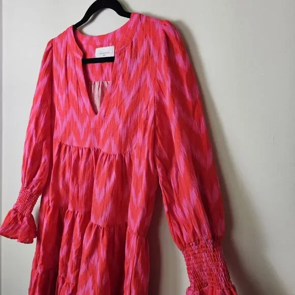 Pomander Place L Pink Kenzo Mini Dress Long Sleeve V-Neck Ikat Tiered Ruffle - Picture 5 of 7